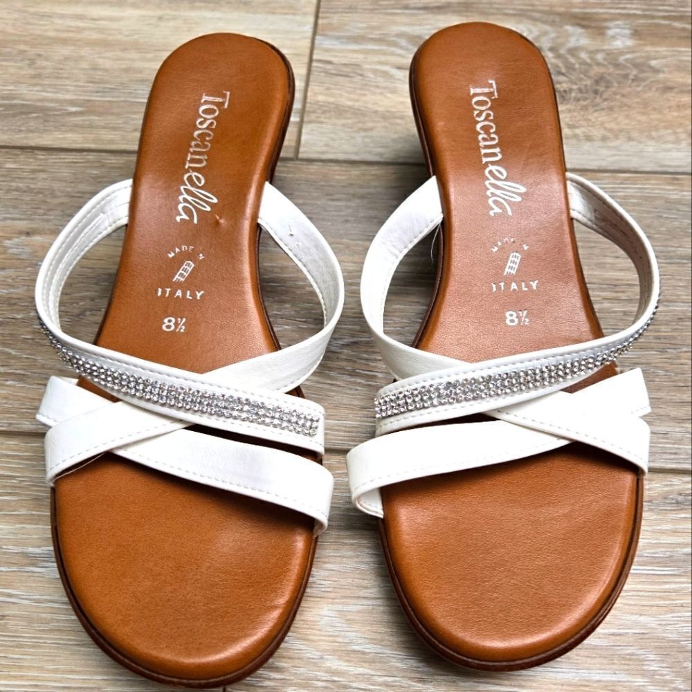 Toscanella Womens Size 8.5 Italy White Rhinestone 2" Heal Sandals shoes